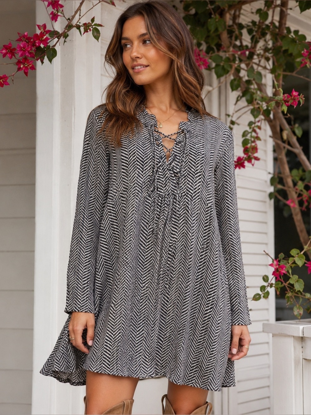 11.1 Tylho Anthropologie Women’s Chevron Herringbone Rayon Boho Tunic Dress Sz L